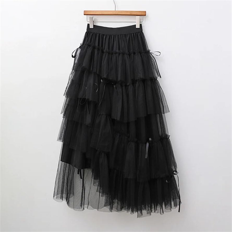 Women Long Maxi Tulle Skirt Tiered Mesh Skirt Party Tiered Midi Skirts with Black Ribbon Decoration4