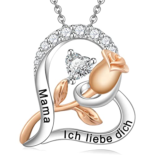 ENGRAWELRY Damen Halskette Gravur Mama Ich liebe dich Silber 925 Kette Anhänger Herz Rose Kristallschmuck Originell Geschenk für Weihnachten Muttertag Geburtstag Cover