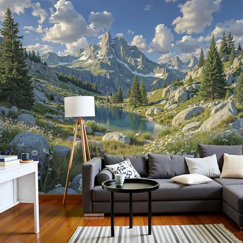 Papier peint panoramique prairies fleuries lacs tableau poster décoration murale - 4