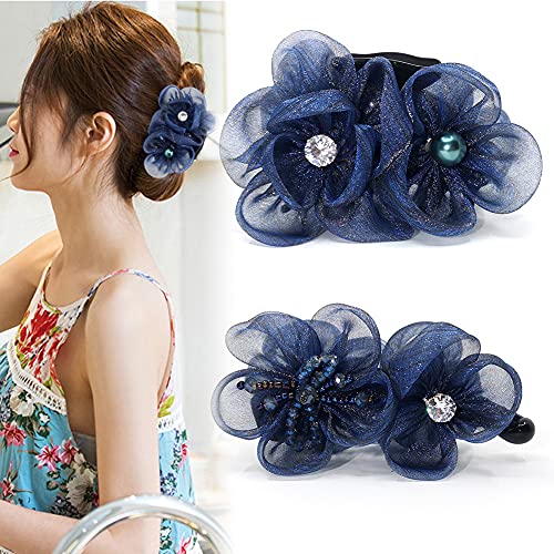 Pearl Flower Banana Clips for Women ladies Hair tie Ponytail Holder Maker Styling for Women Thin Hair French Design Nonslip (03)