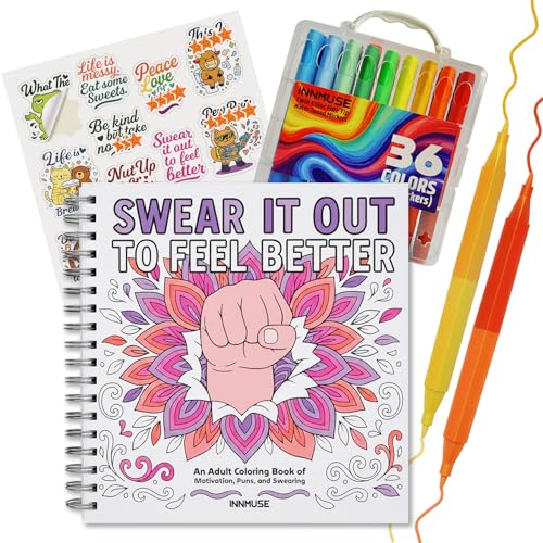 Swear It Out to Feel Better Adult Coloring Book Set with Markers in a Case & Funny Stickers | Stress & Anxiety Relief Coloring Kit Relaxation Gift for Women