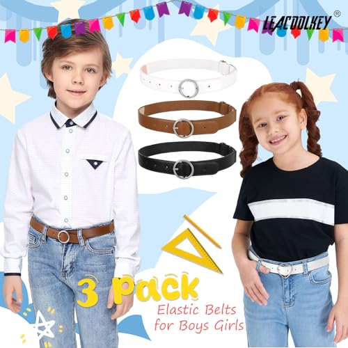 LEACOOLKEY 3 Pack Kids Toddler Stretch Belts Adjustable Elastic Belt for Boys Girls with Heart Buckle2