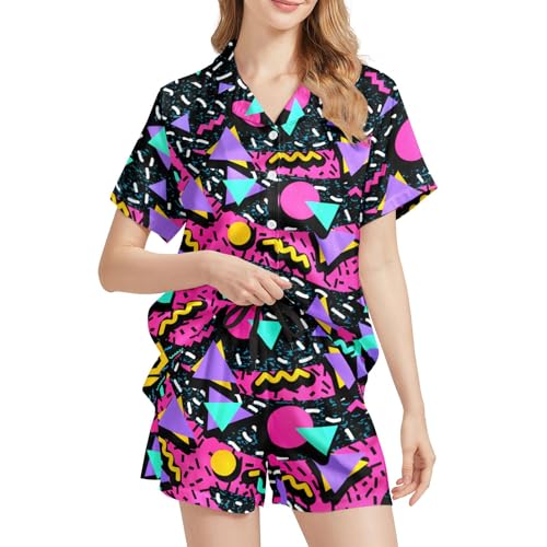 DOPINDU 80s Womens Pajamas Set 2 Piece Satin Retro Themed Party Pajama Short Sleeve Button Down Pjs 90s Outfits for Women M