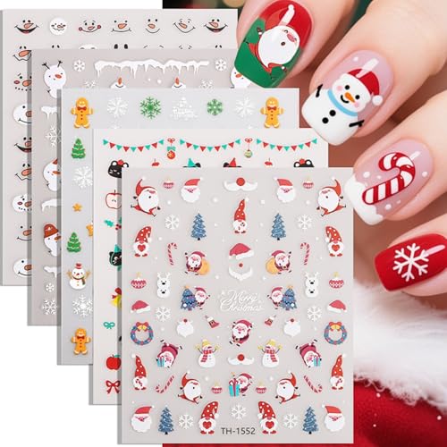 5 Sheets Christmas Nail Art Stickers - Cute Santa Reindeer Snowflake Gingerbread Nail Decals - Nail Stickers & Decals Self-Adhesive - Xmas Nail Stickers for Women Festive Party Nail Art Decoration