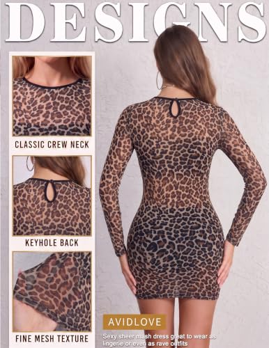 Avidlove Women's Sheer Mesh Bodycon Mini Dress Long Sleeve Brown Leopard XS - image 3
