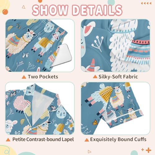 senya Cute Lama Animals Satin Summer Pajama Sets Silk Short Sleeve Button Down Sleepwear3