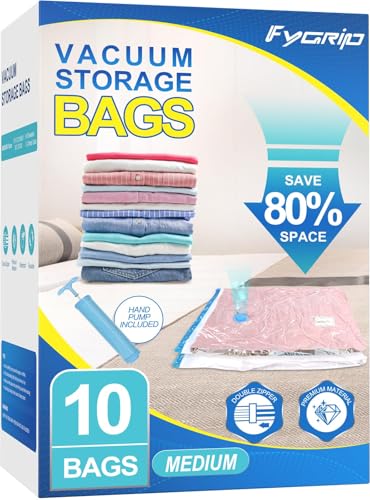 Image of Fygrip Vacuum Storage Bags with Hand Pump, Plastic Packaging Bags, 80% Space Saver Vacuum Seal Bags for Clothing, Travel Lugggage, Blankets, Comforters, 10 Medium