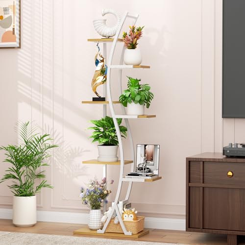Image of MJOMKN 62 inch Plant Stand Indoor with Grow Lights - 7 Tiered Tall Metal Plant Shelf - Corner Wooden Plant Stand for Indoor Plants Multiple, Large S-Shape Flower Rack Holder for Living Room, Garden, Patio Decor