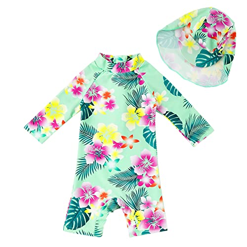 upandfast Maillot de Bain imprimé pour bébé Maillot de Bain Une pièce à Manches Longues Protection Solaire UPF 50+ avec Fermetures éclair (Fleur Verte,...