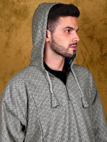 Image of Exotic India Men's Woolen Blend Kashmiri Phiran with Hood | Pure Wool Long Overcoat-Oversized Phiran for Men