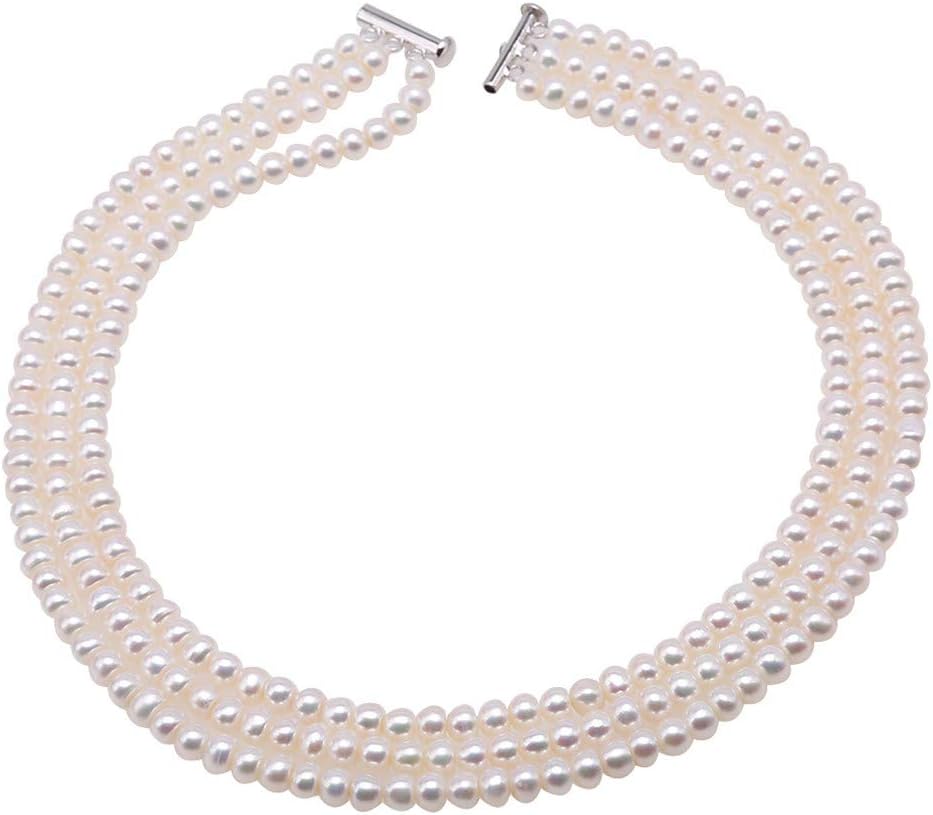 Triple Strand Pearl Necklace 6-7mm White Pearl Choker Bread Freshwater Cultured Pearl Necklaces for Women 16-18.5"