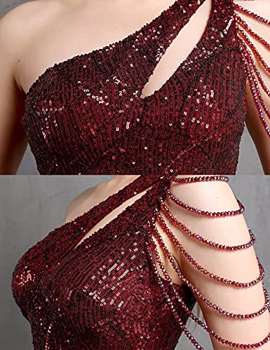 Image of Women One Shoulder 1920s Plus Size Formal Dress Tassels Sleeve Sequins Gatsby Maxi Evening Gown