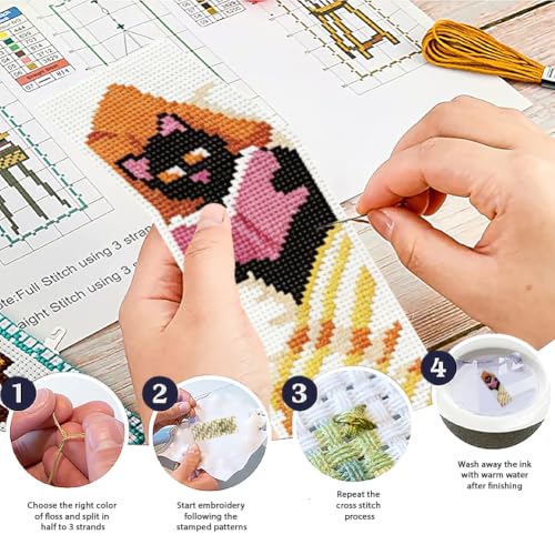 Image of ACRNIGHEET 6PCS Cross Stitch Bookmark Kit for Beginner Stamped Cross Stitch Kits for Adults Cute Reading Cat DIY Tassel Embroidery Bookmark Kits Needlepoint Kit with Instructions Gift 8.5''x3'' 11CT