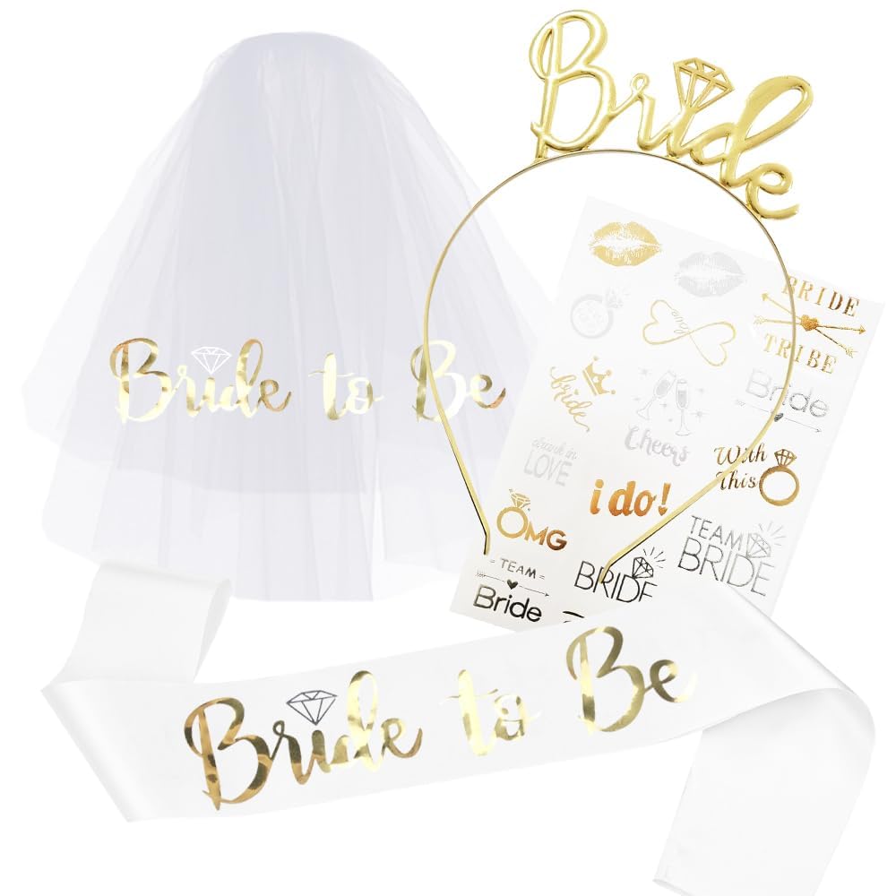 KASTWAVE Bride to Be Decoration Set, Bride Sash, Headband Tiara, Bride Veil with Comb, Rhinestone Tiara, Pre-Strung Banner, Bride to Be Gifts Decorations Wedding (Gold)
