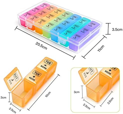Pill Box Organiser 7 Day , Opret Pill Dispenser Weekly 3 Times a Day with case for Travel, Vitamin Fish Oil Container Planner BPA Free (Rainbow-Coloured)