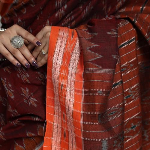 Image of ODISHAHANDLOOM Sambalpuri Pure Cotton Handloom Saree, Traditional Ikat Pattern, Red and Green, Without Blouse