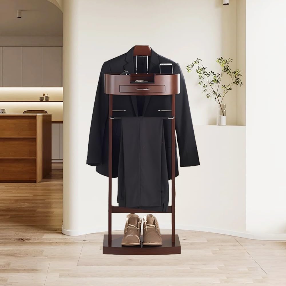 Galán de Noche de Madera Maciza, Multifuncional Galán de Noche con Percha de Hombro Ancha, Pantalonero, Bandeja,Cajón, Corbatero, para Ropa de Hombre o Mujer, 44.4x30x112.2cm
