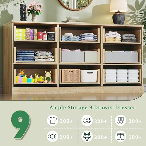 Image of 9 Drawer Dresser for Bedroom, 60'' Long Mid Century Modern Dressers TV Stand, Wood Vintage Chests of Drawers, Large Storage Organizer for Bedroom, Closet, Entryway, Natural Oak