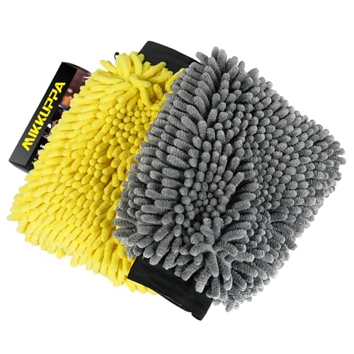 MIKKUPPA Car Wash Mitt Microfiber - Double-Sided Chenille Scratch Free Mitt with Waterproof Inner for Car Washing Home Cleaning (Yellow & Gray, 2Pack, 10'' x 7'')