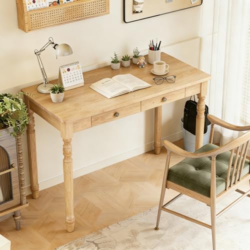 Image of 100% Solid Wooden Desk with Drawers - 47.2 inch Mid Century Modern Desk with 2 Hooks, Writing Desk with Drawers, Simple Work Study Table for Bedroom & Home Office - Natural Boho Desks