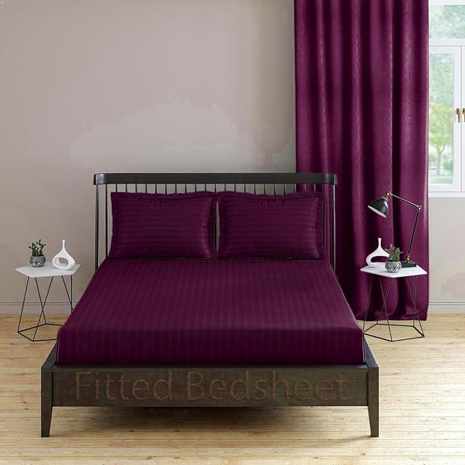 Cotton Fitted Bedsheet King Size 72x78x8 Inch | Elastic Fitted Bedsheet Cotton | King Size Bed Sheet Elastic Fitted | King Size Bed Cover | Double Bed Elastic Fitted Bedsheet | Wine Stripe