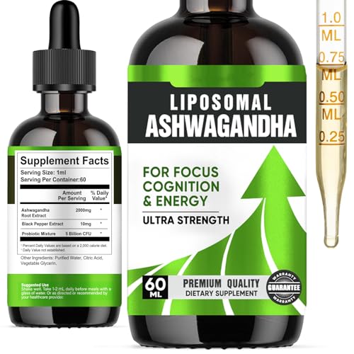 Liposomales Ashwagandha 2000 mg Ashwagandha-Tropfen mit 7% Withanoliden rein natürlich angereichert mit schwarzem Pfeffer und Probiotika schnell einziehend Stressabbau & Energieschub 60 ml