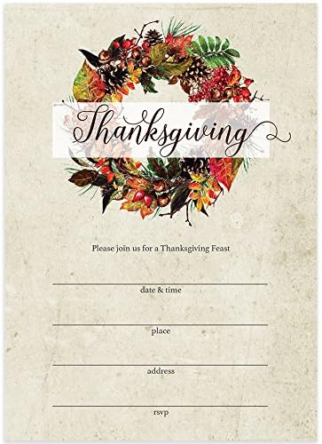 DB Party Studio Thanksgiving Meal Invites & Envelopes ( Pack of 25 ) Rustic Country Pine Cone Wreath Design Large 5 x 7" Blank Fill-in-Style Invitations Welcome Guests Thanksgiving Dinner Invit
