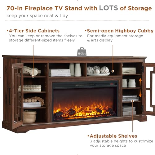 JXQTLINGMU Farmhouse Fireplace TV Stand with 36" Electric Fireplace for 80 Inch TV, 32" Tall Entertainment Center, Modern Media Console, 6 Shelves Storage Cabinet for Living Room, Brown
