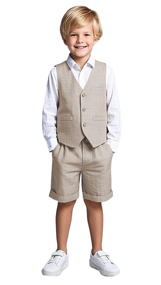 Traje de lino de 2 piezas para niños, chaleco y pantalones cortos, traje de verano para la playa, Luz De Color Caqui, 14 años