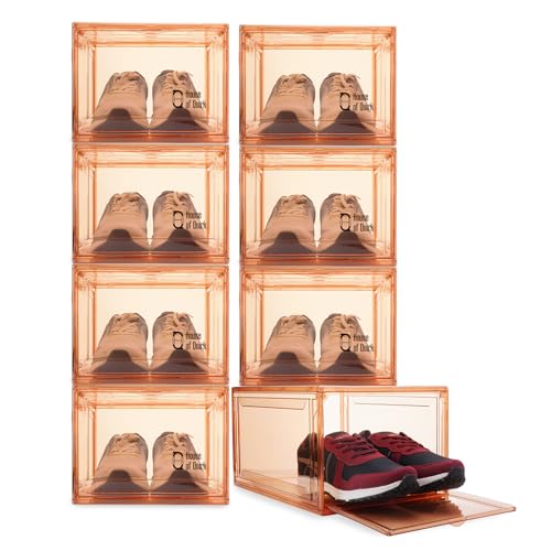 Image of House of Quirk Shoe Organizer, Shoe Storage Boxes, Large Shoe Boxes with Magnetic Door, Clear Stackable Plastic Shoe Containers (Pack of 8, Beige)