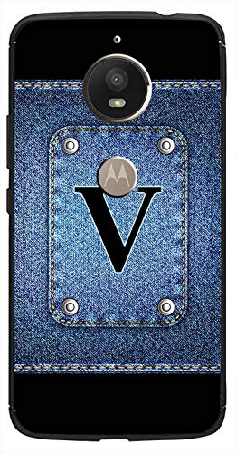 Image of Amazon Brand - Solimo Designer Button Jeans Alphabet-V Printed Soft & Flexible Hybrid Back Case Mobile Cover for Motorola Moto E4 Plus