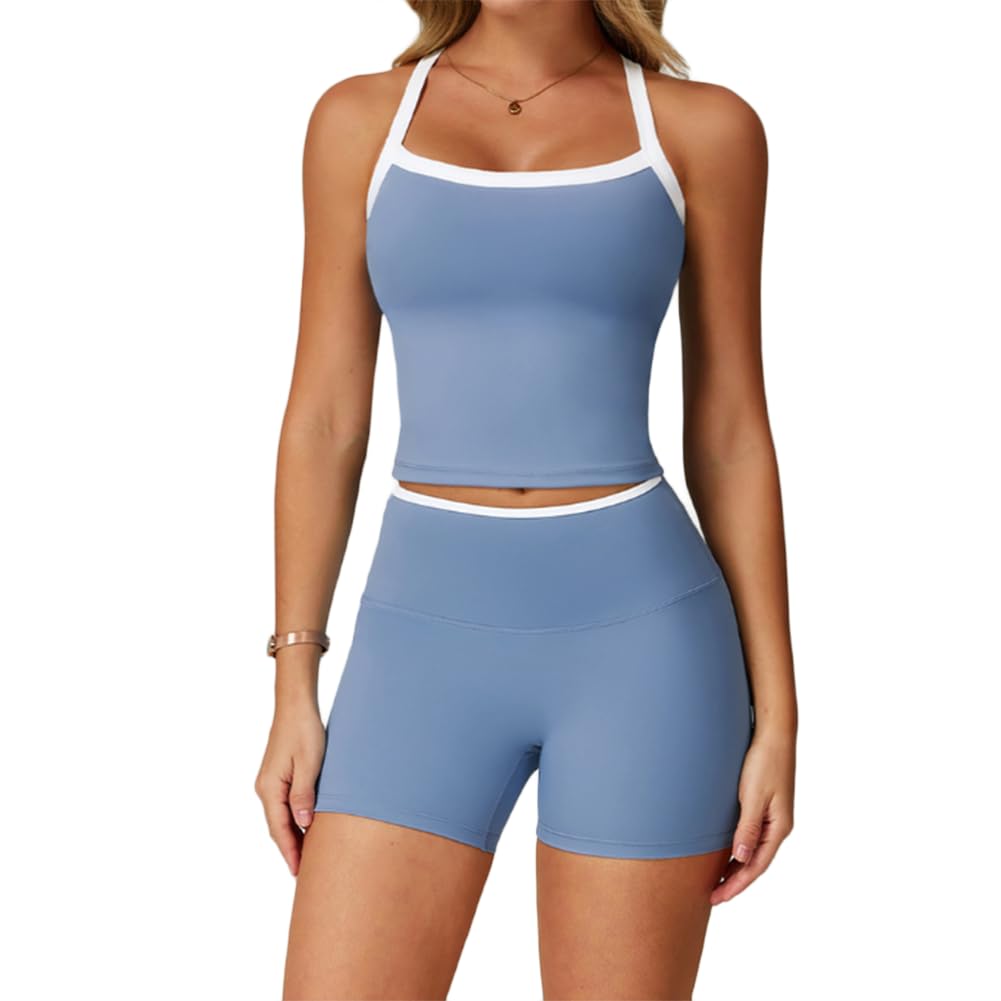 JPXJGT Yoga Set Color Contrasting Crossed Back Tight Yoga Clothes for Women Running Fitness(Size:XL,Color:Blue)