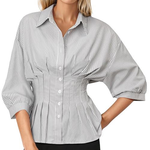 Women Pleated Peplum Blouse 3/4 Sleeve Button Down Cinched Waist Shirt Fitted Flattering Office Daytime Top