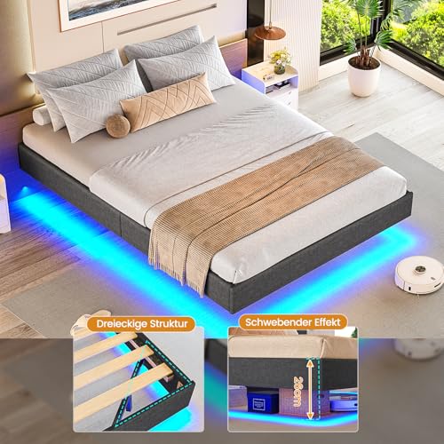 Brinlawb Bett 90x200 mit Lattenrost aus Holz, Bettgestell 90 x 200 cm mit LED Beleuchtung, Gästebett Jugendbett 90x200 cm Einzelbett Schwebebett mit Grauem Leinen, perfekt für Schlafzimmer Gästezimmer