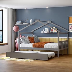 House Full Bed with Trundle for Kids Wood Full Daybed Roof Full Size Platform Frame Full Canopy Bed Playhouse Teens Girls BoysNo Box Spring NeededGray