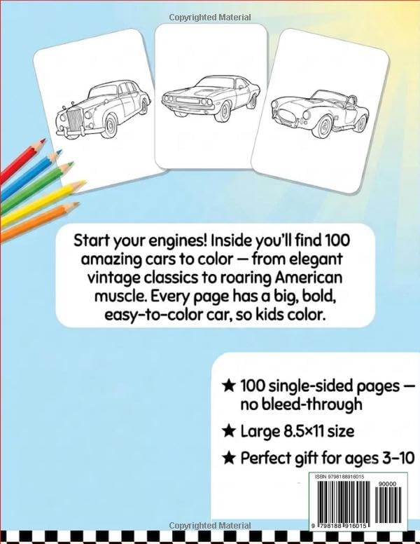 Classic Cars Coloring Book for Kids: 100 Vintage, Luxury & Muscle Cars to Color | Ages 3-10 image 3
