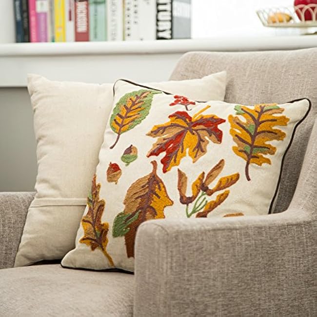 Glitzhome Fall Throw Pillows with Insert Decorative Throw Pillow with Embroidered Fall Leaves for Sofa Couch Bed Great for Fall Harvest Thanksgiving, 16 x 16 Inches