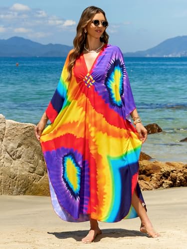 Image of IMAGEKOPE Women's Plus Size Animal Print V-Neck Batwing Kaftan Beach Dress Bathing Suit Cover-Up Loungewear