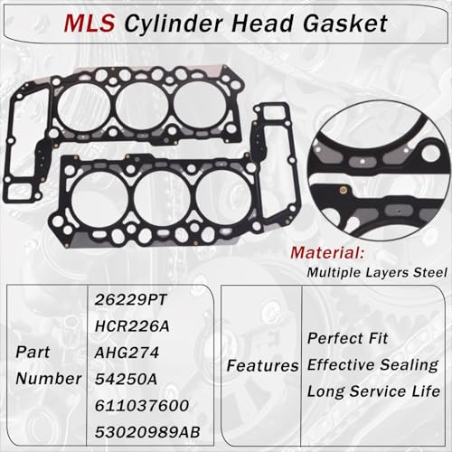 Image of AUCERAMIC HS26229PT MLS Cylinder Full Head Gasket Set Multiple Layers Steel Fit 2002-2005 Dodge RAM 1500 Jeep Liberty 2004-2005 Dodge Dakota Durango 2005 Grand Cherokee 3.7L CS26229 Vin K, Black