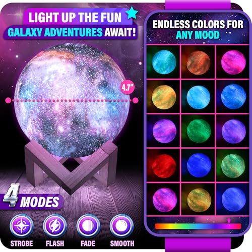 Mind-Glowing Galaxy Moon Lamp with Multi Colors, Touch/Remote, Wood Stand - Teen Girl Room Decor, Trendy Stuff - Birthday Gift for Any Year Old Teenage Girl - Cool Night Light for Kids (4.7 inch)