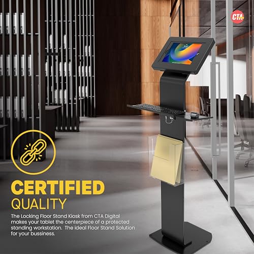 Image of CTA Digital Anti-Theft Mobile Workstation Stand Locking Floor Stand Kiosk w /Secure Enclosure, Keyboard Tray & Storage for iPad A16, iPad Air 11 inch M3 & M2,Pro 11 inch Galaxy Tab A & More Black (PAD-PARAFK)