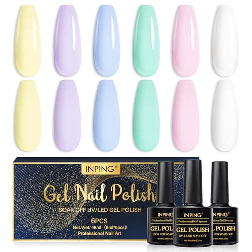 INPING Esmaltes Semipermanentes Para Uñas en Gel UV LED, 6 Colores Pastel Macarrón Colors Rosa Púrpura Azul Verde, UV LED Kit Uñas Semipermanentes Pintauñas Semipermanentes Set