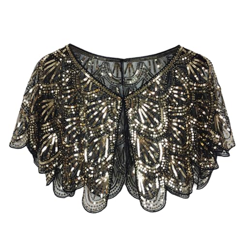 RUNQHUI Dam bolero paljett stole 20-tal sjal för bröllop kväll kostym, Svart guld, One Size