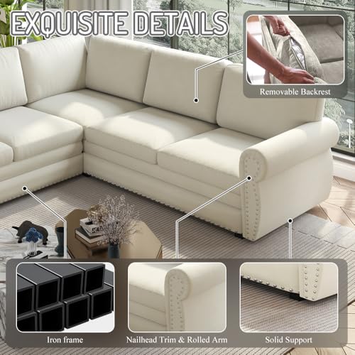 Image of KEIKI 118 inch Chesterfield Sleeper Sofa, Chenille Sectional Couch, Beige | L Shaped, Pull Out Bed Design, Nailhead Trim Detail, Rolled Armrest, 6 Seat Seating, Living Room Guest Room Use