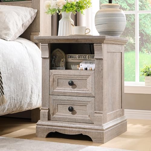 Image of Nightstand Set of 2, 18 inch Wood Side Table with Charging Station Roman Column