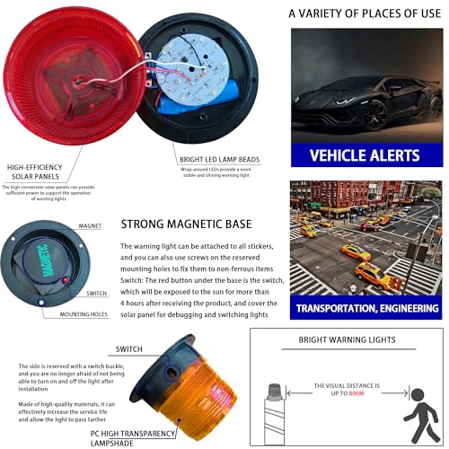 Image of Solar Strobe Warning Light: Strong Magnetic Base Waterproof Traffic Light,Solar Safety Flashing LED Lamp for Construction, Traffic, Factory, Safety Sign, Crane Tower, Boat Navigation (Red)