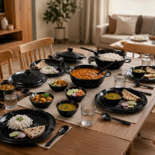 Image of Melvio By Malti Black Granite 40 Piece Dinner Set | Melamine Dinnerware Set, Premium Dinner Set Crockery Plates Bowls Tableware for Home Dining Kitchen