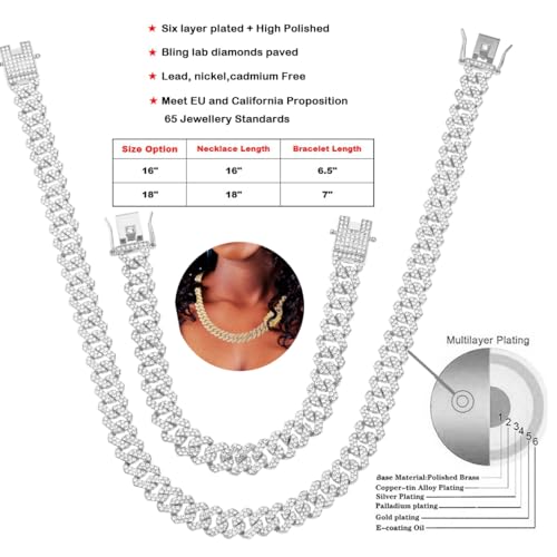 HH BLING EMPIRE 14k Gold/Silver Cuban Link Chain for Women Iced Out Diamond Chunky Cuban Link Necklace Chain Bracelet 2pcs Sets2