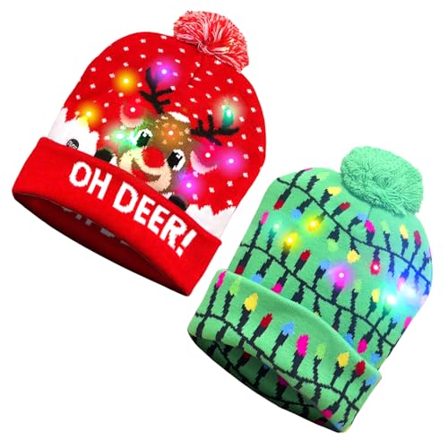 Leuchtende Weihnachtsmütze, 2 Pcs Led Weihnachtsmütze Strickmütze,...
