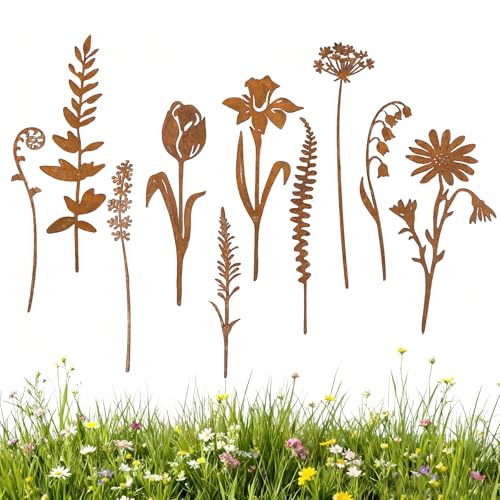 SPERMUOY Gartenstecker Rost Blumen Gartendeko für Draußen,10er Metall Blumenstecker Rostdeko Roststecker Garten Pflanzenstecker Metallstecker Rost Deko für Rasen Hof Balkon Blumentopf
